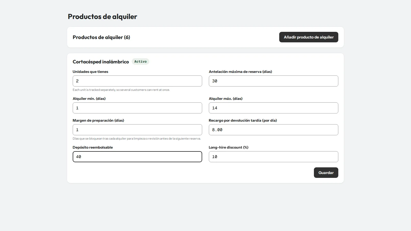 Configuración del alquiler en el admin: unidades que tienes, días mínimos y máximos, margen de preparación, recargo por retraso y depósito reembolsable