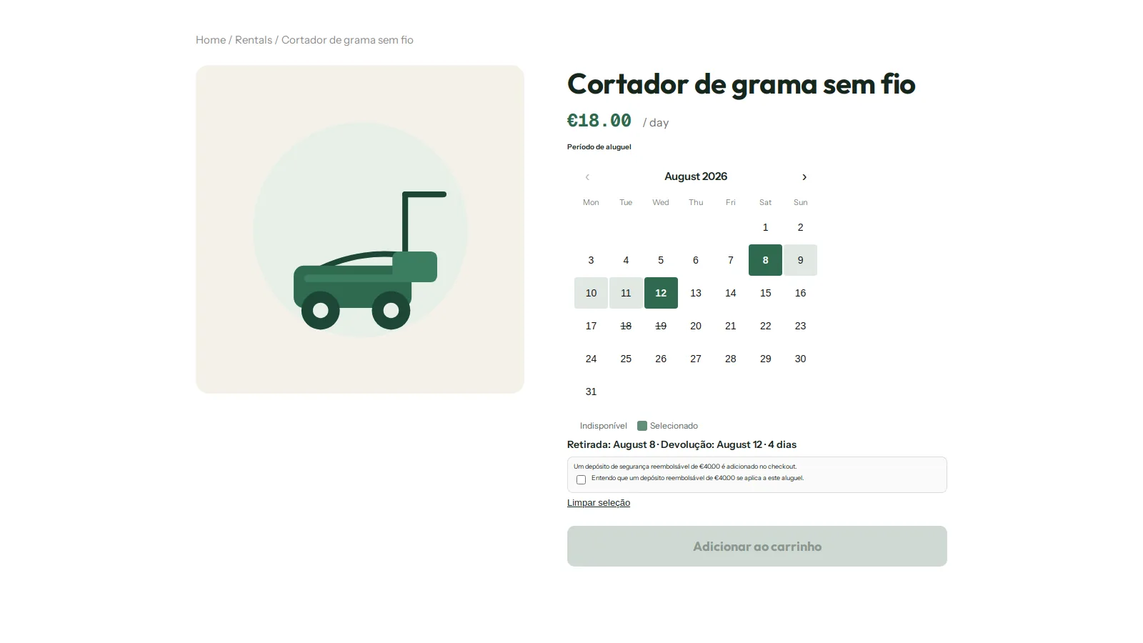 Página do produto com o calendário de aluguel: datas de 8 a 12 de agosto selecionadas, dias indisponíveis riscados, resumo de retirada e devolução