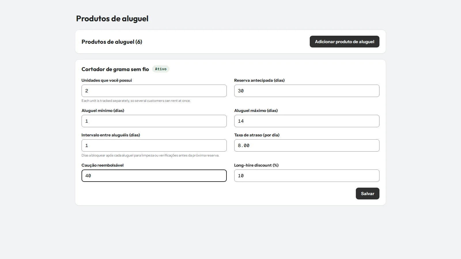 Configuração de aluguel no admin: unidades, aluguel mínimo e máximo, intervalo entre aluguéis, taxa de atraso e caução reembolsável