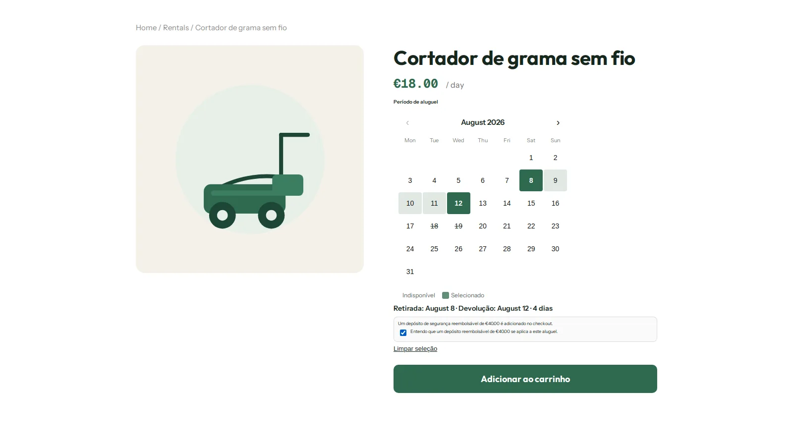 Caixa de consentimento da caução na página do produto: adicionar ao carrinho fica desativado até o cliente concordar